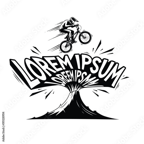 A bmx rider jumps over a volcano graphic with a tshirt design and bold typography in a black and white illustration