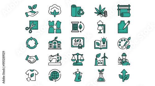 Sustainable fashion icons. Eco-friendly, textile, organic, cotton, recycling, ethical, manufacturing, slow fashion, green, production, clothing, retail, trade. Teal thin line vector icons.