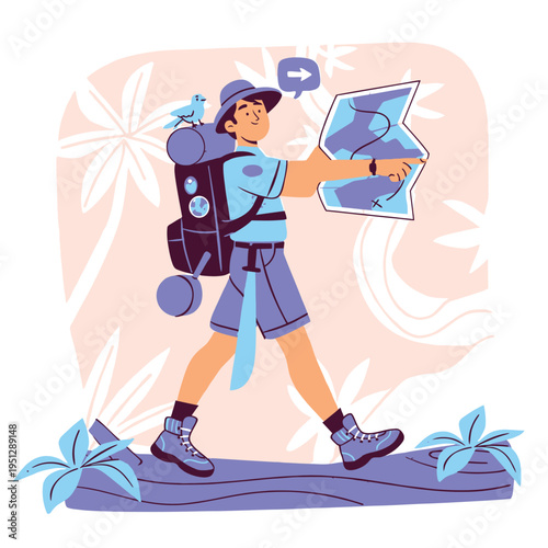 young traveler with backpack and map vector illustration
