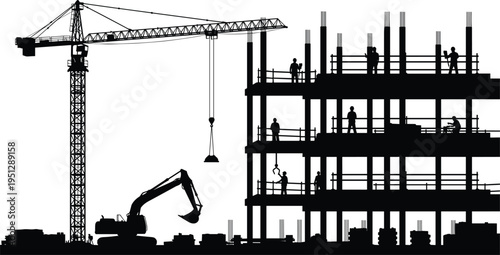 Construction site silhouette with tower crane, excavator and workers on multi level building, illustrating heavy machinery operations, teamwork and urban infrastructure 