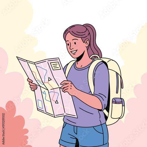 young woman with backpack looking at map vector illustration