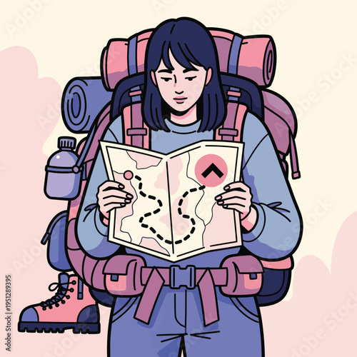 young woman with backpack studying a map vector illustration