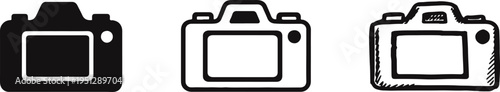 Camera Icon Set in Various Styles: Solid, Outline, and Hand-Drawn Photography Symbols