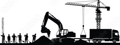 Construction site silhouette with workers, excavator digging soil, tower crane lifting load and truck transport, representing heavy machinery operations and industrial infrastructure