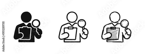 Person Inspecting Document with Magnifying Glass and Clipboard Icon Set for Audit and Review.