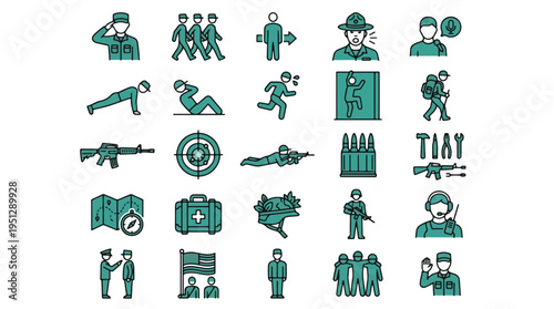 Military and Army Training Icon Set. Soldier, infantry, bootcamp, fitness, drill sergeant, weapons, rifle, ammo, first aid, teamwork, recruitment, service, duty. Linear vector icons