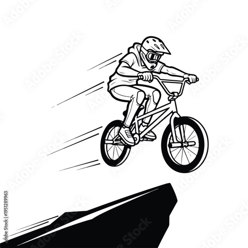 A black and white illustration of a bmx rider in motion, jumping off a ramp with motion lines, conveying a sense of speed and thrill
