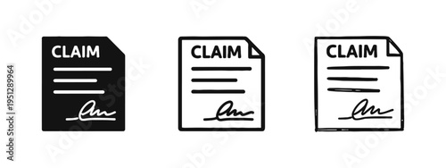 Claim Document Icon Set with Signature: Insurance Paper and Agreement Symbols in Multiple Styles