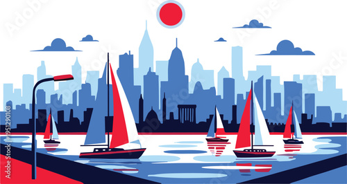 Stylized cityscape with waterfront sailboats, modern skyline, colorful sun and clouds, vibrant vector illustration for artistic, commercial, and educational use