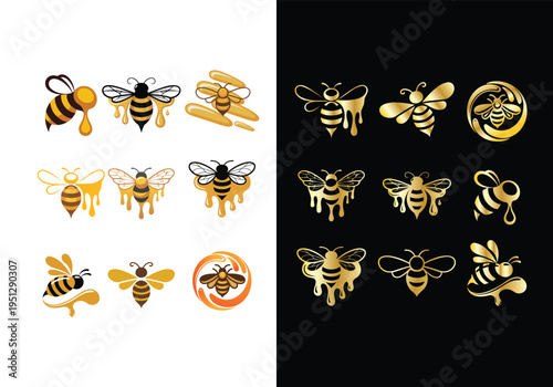 Stylized  Sweet Bee and Honey Logo Collection for Branding vector Editable design 