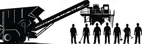 Construction worker silhouettes with asphalt paving machine and industrial equipment, representing road construction, heavy machinery operation, manual labor and infrastructure 
