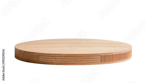 Tableau sur toile Isolated round natural wood serving board or presentation platter with carved si