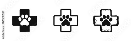 Veterinary cross and paw print icon set for pet healthcare, solid, outline, and hand-drawn styles