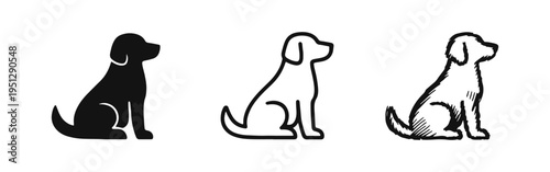 Sitting dog silhouette icon set, cute pet dog graphic symbols in solid, outline, and sketchy styles