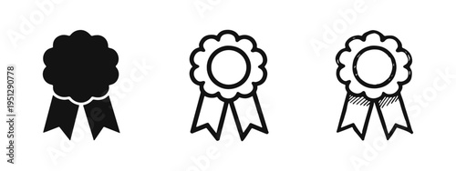 Award rosette ribbon icon set, prize medal and achievement badge graphic in various styles