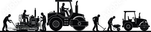 Construction worker silhouettes with road roller, asphalt machine and manual labor tasks like shoveling and transporting materials, representing road construction, heavy equipment and infrastructure 