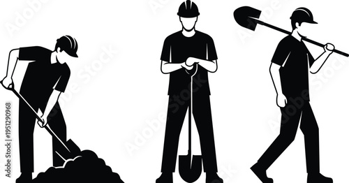 Construction worker silhouettes with shovel in different poses including digging, standing and carrying tools, representing manual labor, earthmoving tasks and industrial workforce concept 