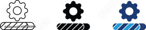 Settings gear and loading bar icon set for UI design, system update and progress symbol in outline, solid black, and blue styles for mobile app and web interface