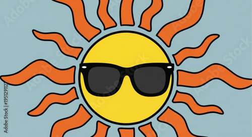 Smiling sun wearing sunglasses on a light blue background with orange rays