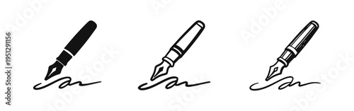Fountain pen signing signature icon set, official document approval and autograph graphic symbols