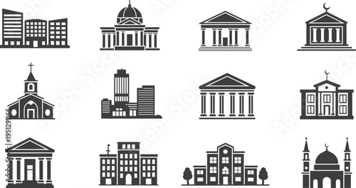 religious and government building icons set, church mosque temple courthouse city architecture silhouette vector illustration collection