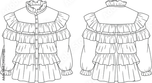 ruffled blouse fashion technical drawing, women vintage frill shirt front and back view clothing vector illustration