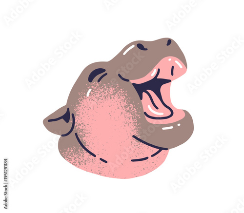 Cute baby hippo is laughing. Portrait of happy animal character with positive emotions. Funny little hippopotamus has fun with smile on face. Flat isolated vector illustration on white background