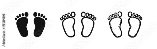 Newborn Baby Footprints Icons - Adorable Child Foot Steps in Solid, Outline, and Sketch Styles for Family and Pediatric Use