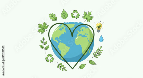 Earth in heart shape surrounded by green leaves and eco friendly symbols on light background representing environmental love and sustainability