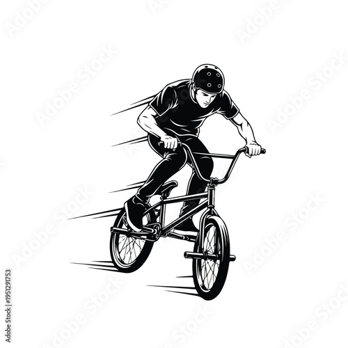 A dynamic black and white illustration of a bmx rider in motion, wearing a helmet and performing a trick on a bike with motion lines, conveying energy and speed
