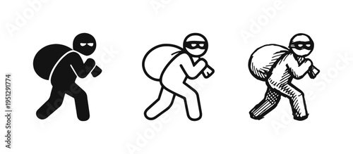 Thief with Bag Icon Set - Burglar Stealing Symbol in Solid, Outline, and Hand-Drawn Styles for Crime and Security Concepts