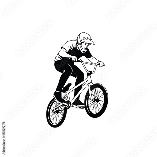 A skilled bmx rider performs a trick on a bike with a white background and monochromatic illustration style