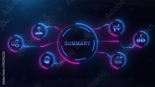 Business strategy and marketing concept with glowing and summary text on a futuristic background with map