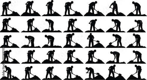 Silhouette set of construction workers digging soil in multiple poses, representing manual labor, earthmoving activities, industrial workforce and repetitive building process concept isolated on white