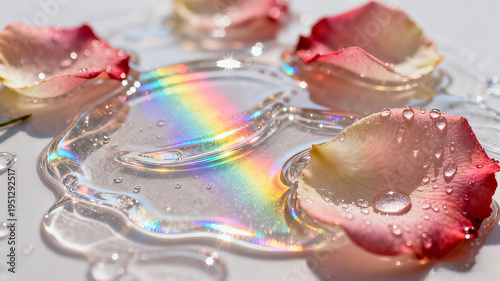 The iridescent radiance essence liquid between rose petals represents the concept of skin care of plant essence, nourishing, moisturizing and even brightening skin color.
