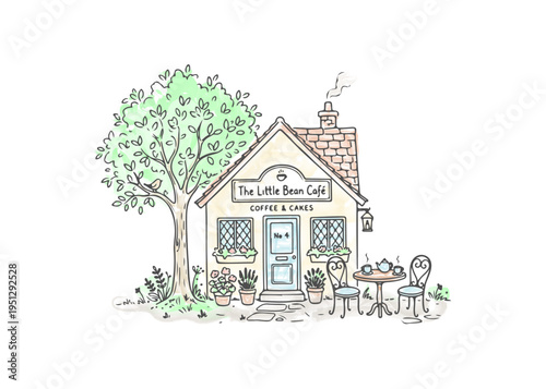 Charming hand drawn cozy caf storefront with tree and outdoor table, cute small coffee shop illustration in pastel colors, vintage village bakery facade with plants, windows, and sign