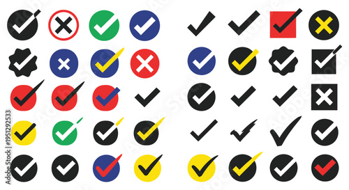 Set of Checkmarks and Crosses Icons: Yes, No, Approved, Rejected, Decision Making
