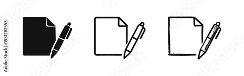 Document and Pen Icons Set. Writing, paperwork, and agreement symbols in solid, outline, and hand-drawn doodle styles.