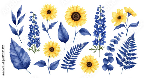 Watercolor Sunflowers and Blue Delphiniums Botanical Illustration Set