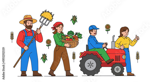 Happy Farmers Harvesting Fresh Produce with Tractor and Hay Pitchfork