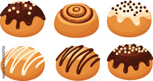 Collection of six cartoon donuts and pastries with chocolate glaze, icing, sprinkles, and cinnamon roll design, vector food illustration artwork
