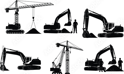 Silhouette set of construction machinery including excavators and tower cranes with workers, illustrating heavy equipment operations, engineering processes and industrial infrastructure 