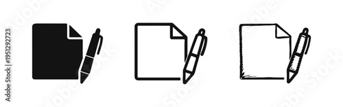 Paper and Pen Icons Set. Essential symbols for writing, notes, and official documents, presented in solid, line, and artistic styles.