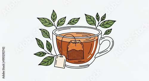 Tea cup with leaves and tea bag hot beverage herbal infusion cozy drink relaxing moment