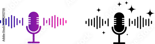 Microphone with Sound Waves Icon Set – Voice Recording, Audio Signal, Podcast Mic Symbol
