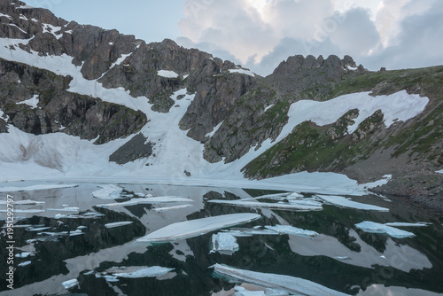 Evening scenery with snow-white ice floes on smooth mirror water surface of g...