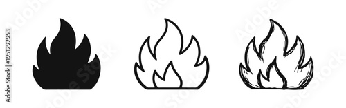 Fire Flame Icons Set. Hot burning heat energy symbols, perfect for warning or passion concepts, in solid, outline, and doodle styles.