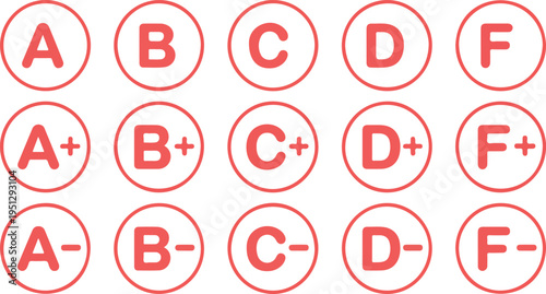 School Grade Badge Icons A B C D F with Plus and Minus Red Handwritten Education Evaluation Vector Illustration Set
