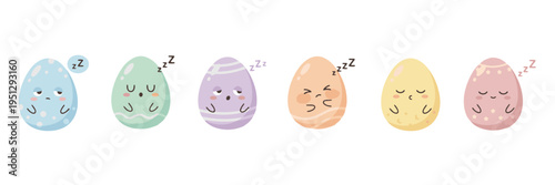 Cute Sleepy Egg Characters Set. Sleeping Emotion Easter Eggs Vector Illustration