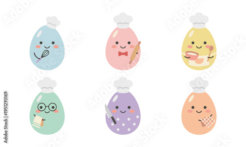 Cute Chef Egg Characters Set. Bakery Cooking Cartoon Easter Eggs Vector Illustration